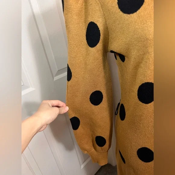 Who What Wear Tan Mocha Polka Cowl Neck Balloon Sleeve Sweater Midi Dress M - Picture 6 of 12